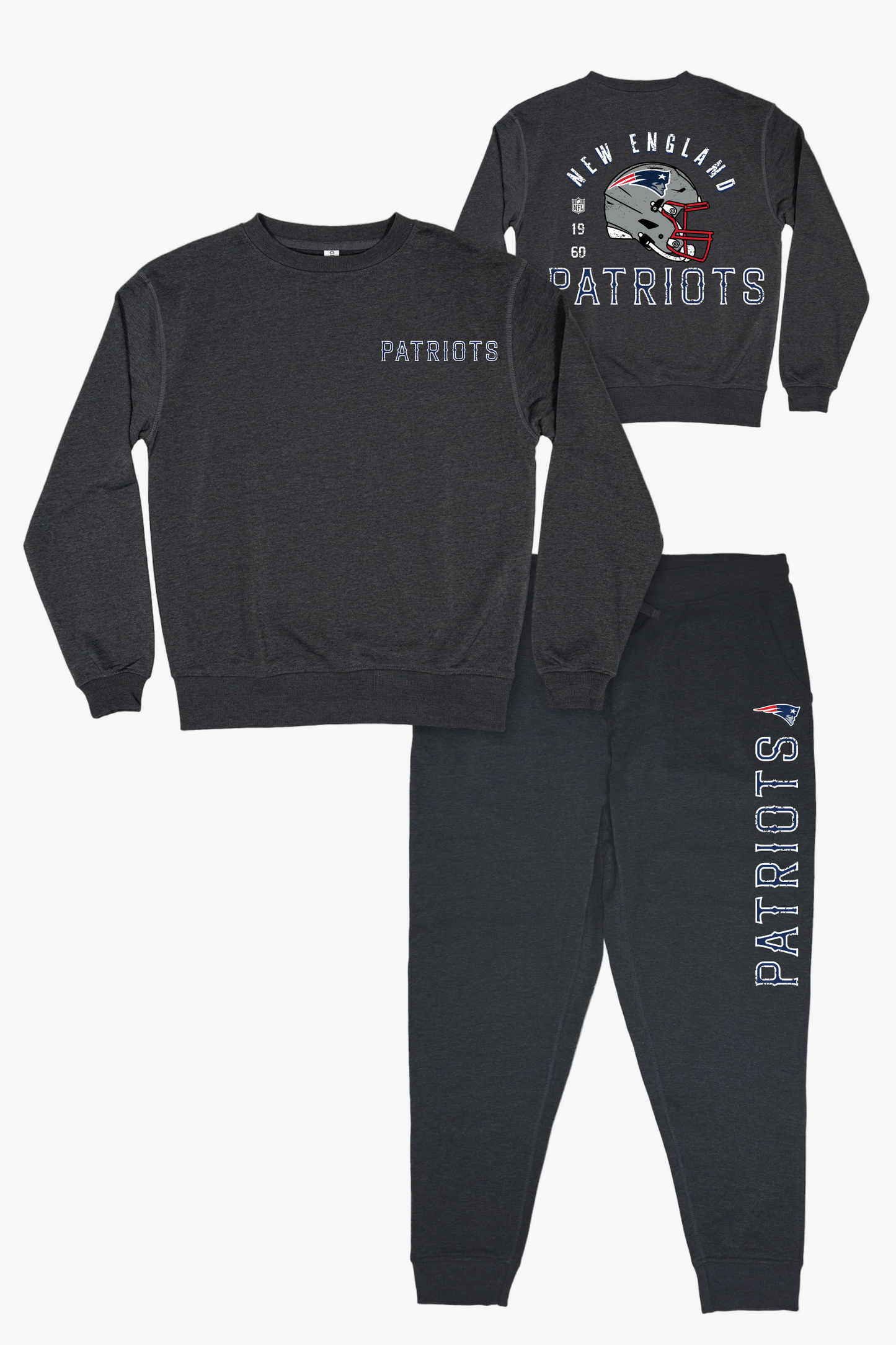 NFL New England Patriots Unisex Adult Adult Dark Grey French Terry Lounge Set With Vintage Helmet Design