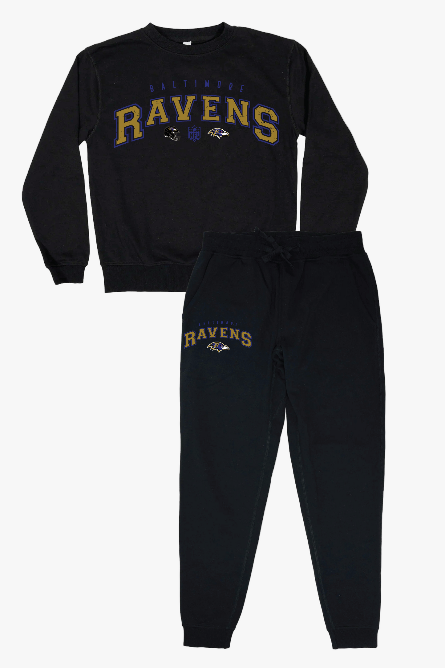 NFL Las Baltimore Ravens Unisex Adult Black Distressed Vintage Varsity Lounge Set