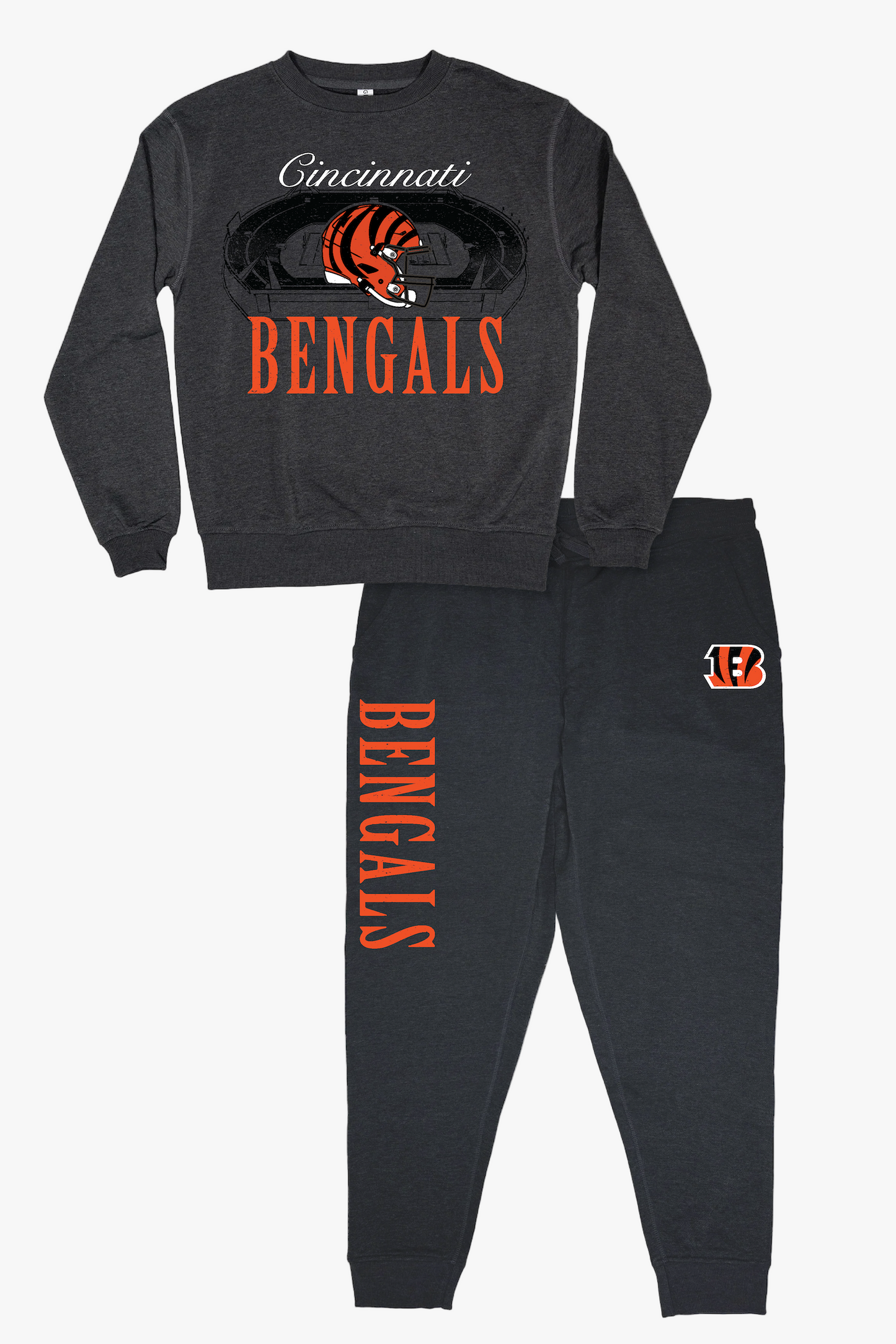 NFL Cincinnati Bengals Unisex Adult "Distressed Stadium" Dark Grey French Terry Lounge Set