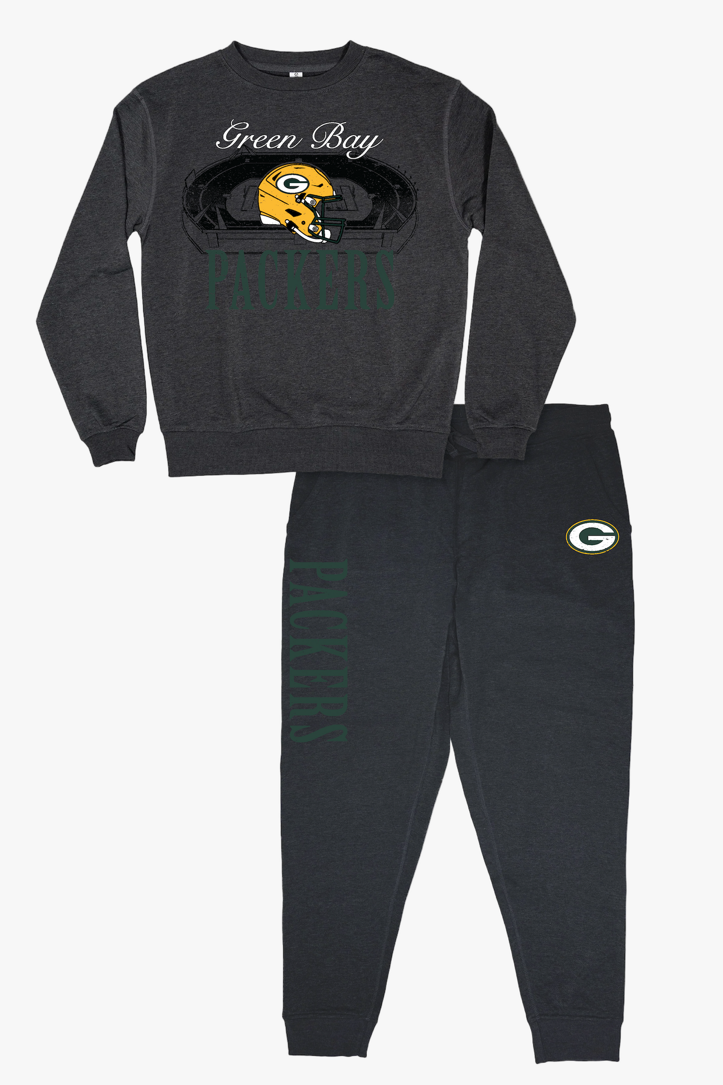 NFL Green Bay Packers Unisex Adult "Distressed Stadium" Dark Grey French Terry Lounge Set