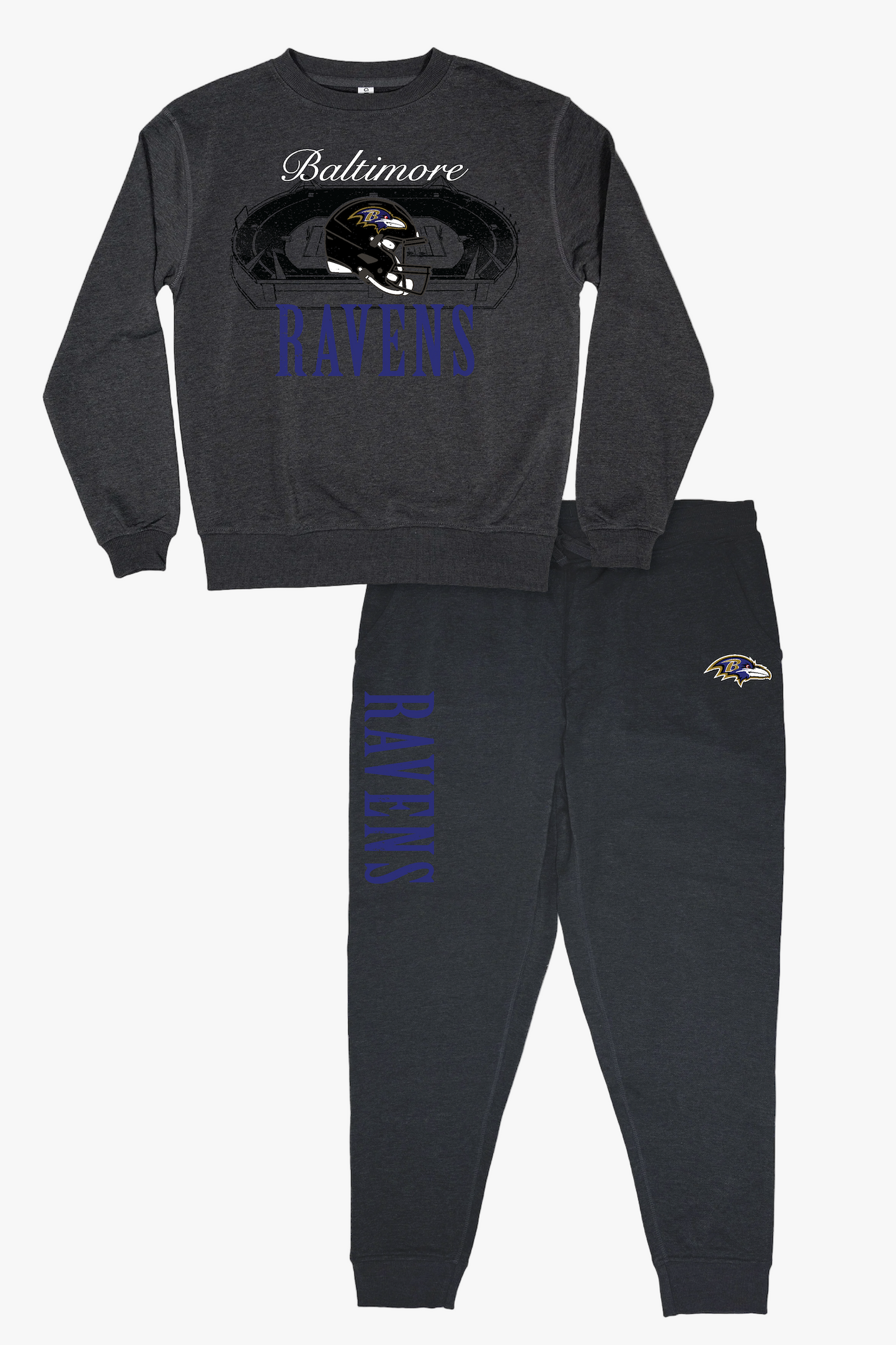 NFL Baltimore Ravens Unisex Adult "Distressed Stadium" Dark Grey French Terry Lounge Set