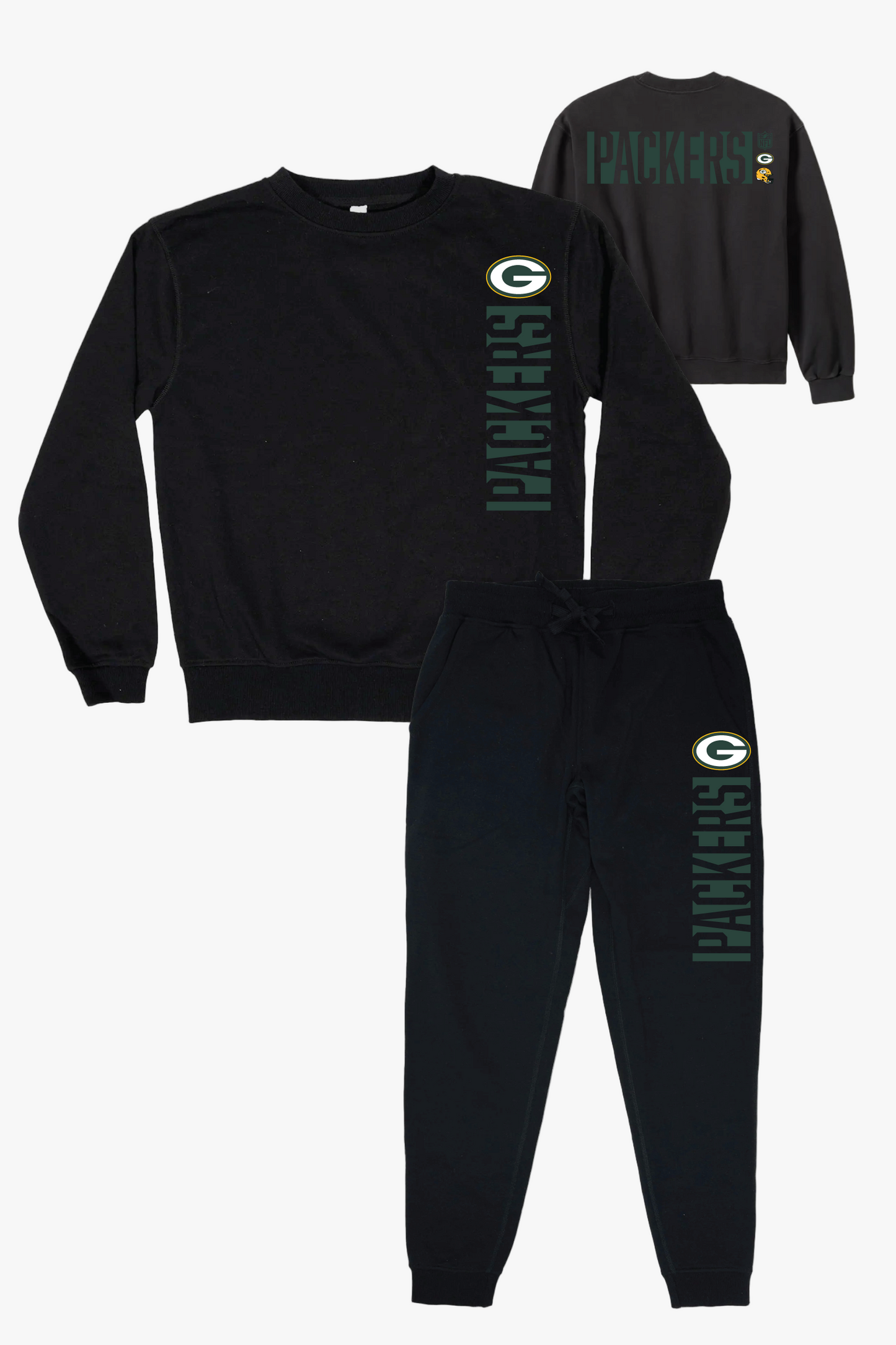 NFL Green Bay Packers Black Unisex Adult Matching French Terry Cotton Lounge Set With "Negative Space" Design