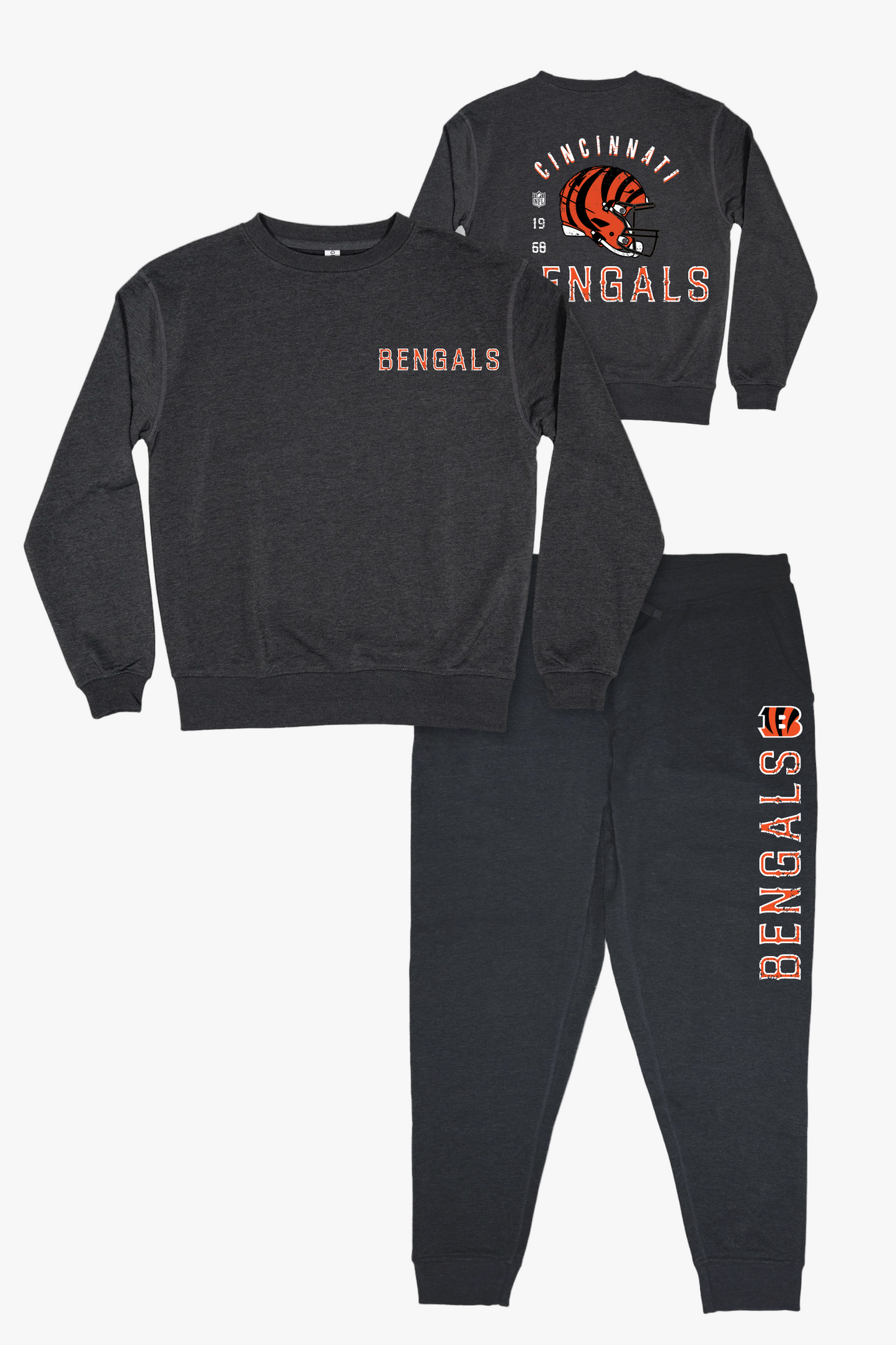 NFL Cincinnati Bengals Unisex Adult Adult Dark Grey French Terry Lounge Set With Vintage Helmet Design