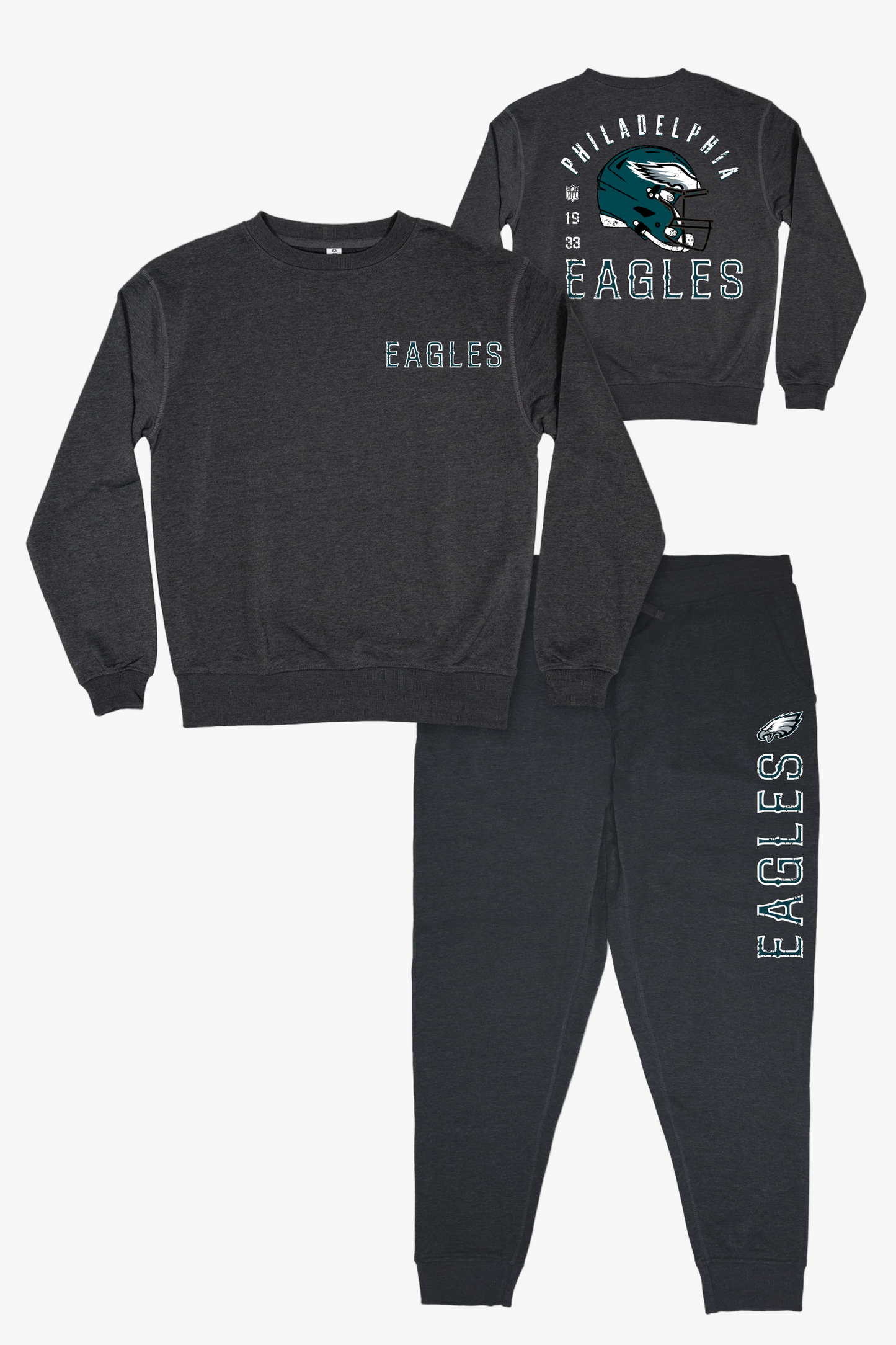 NFL Philadelphia Eagles Unisex Adult Adult Dark Grey French Terry Lounge Set With Vintage Helmet Design