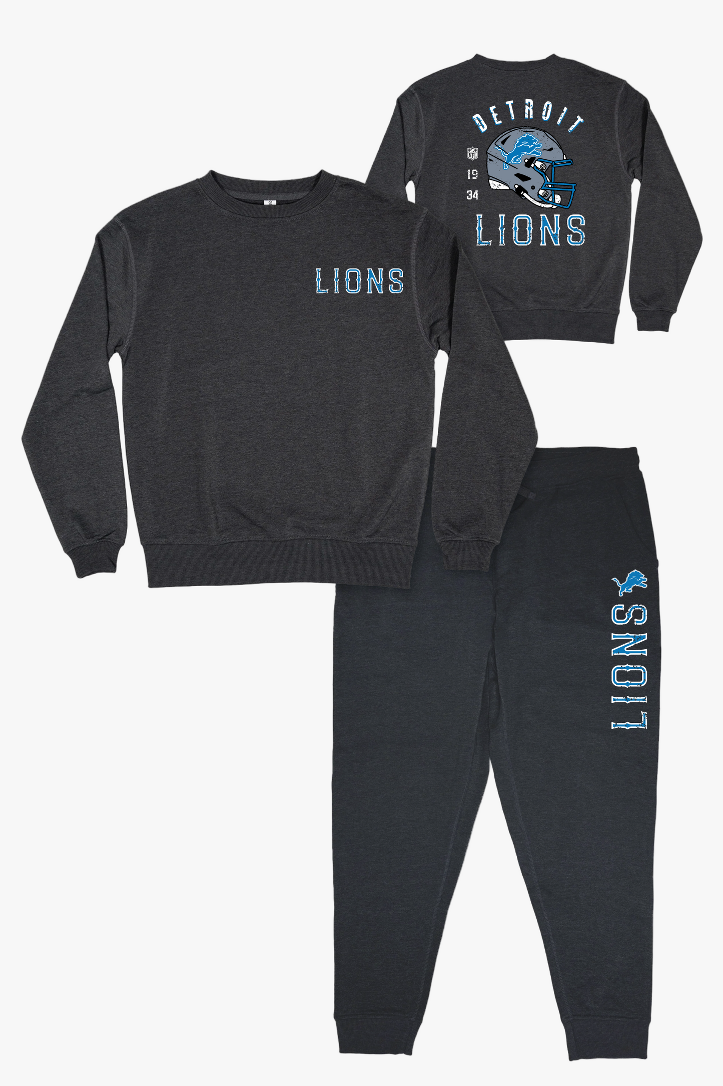 NFL Detroit Lions Unisex Adult Adult Dark Grey French Terry Lounge Set With Vintage Helmet Design