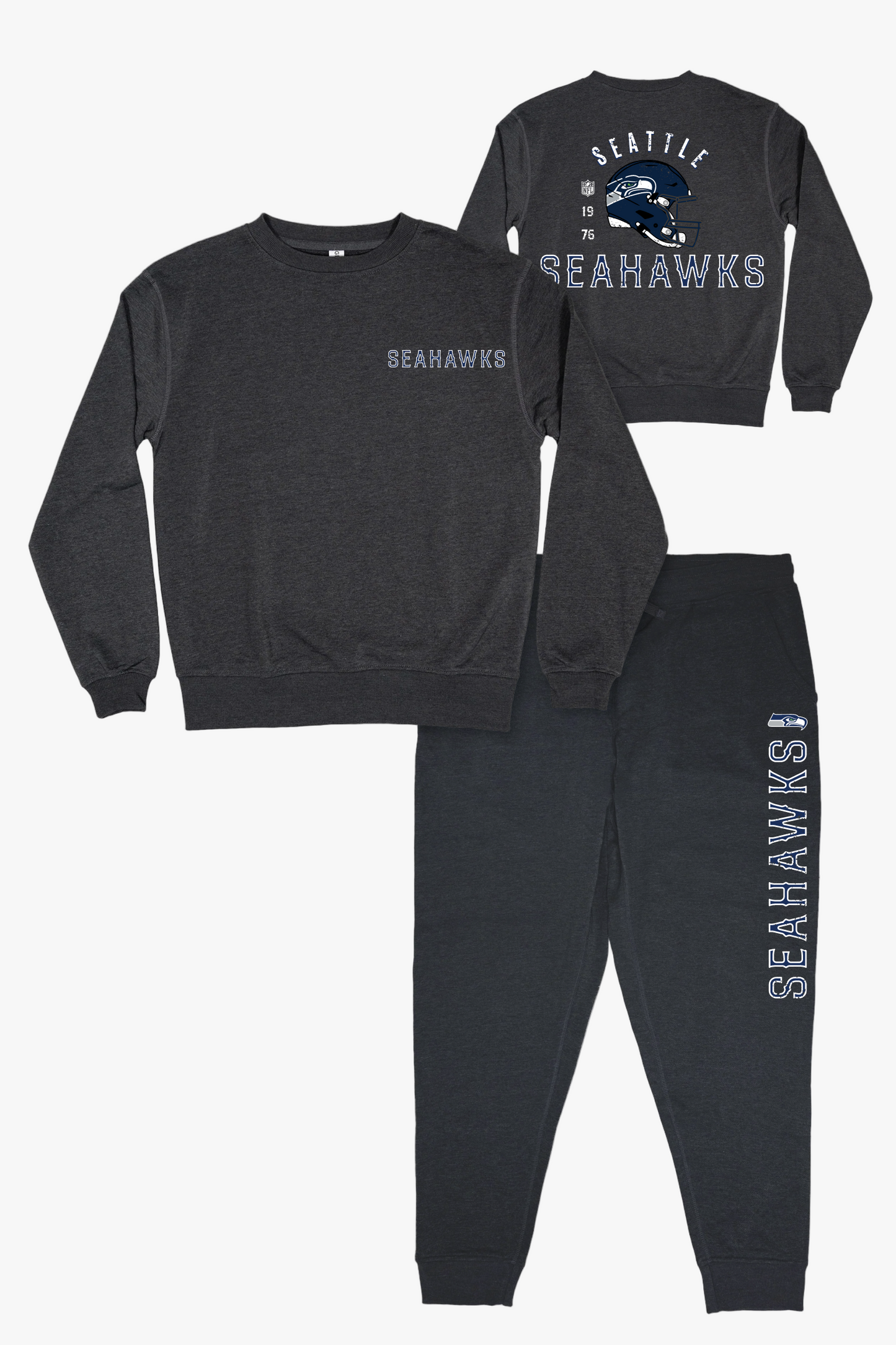 NFL Seattle Seahawks Unisex Adult Adult Dark Grey French Terry Lounge Set With Vintage Helmet Design