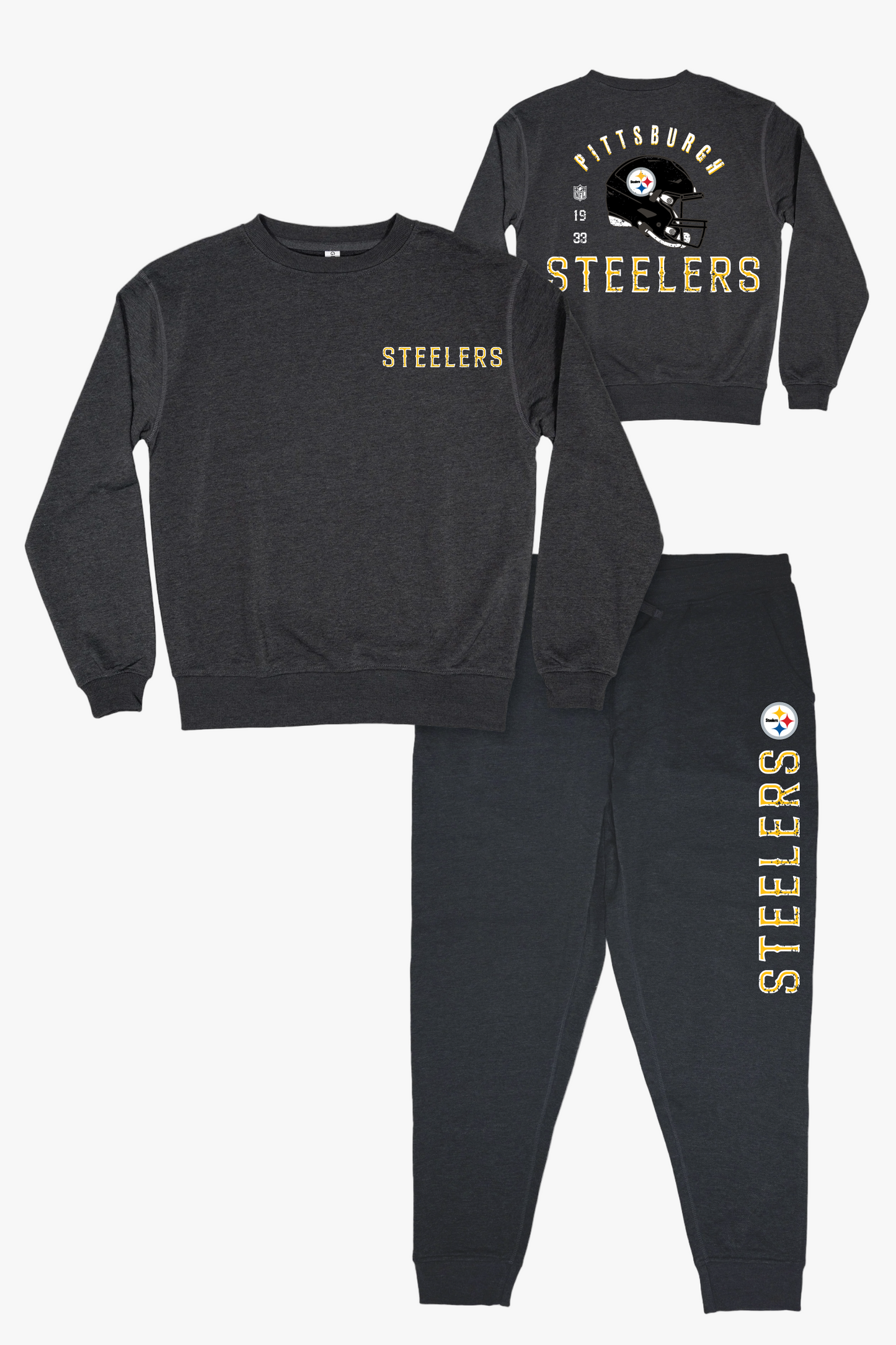 NFL Pittsburgh Steelers Unisex Adult Adult Dark Grey French Terry Lounge Set With Vintage Helmet Design