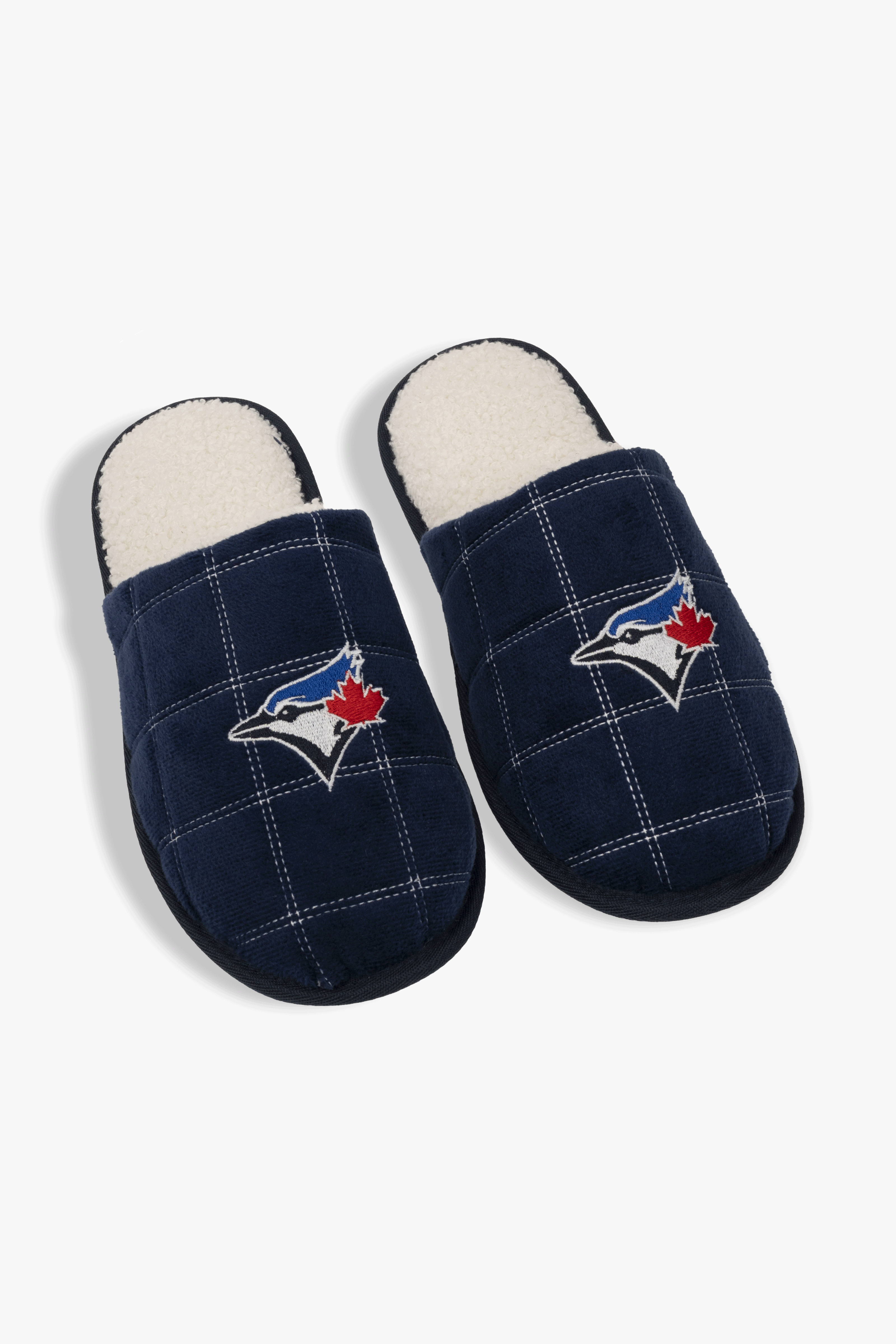 Toronto Blue Jays Men's Slippers, Faux Shearling Lined MLB House Shoes with Logo, Navy, S-XL