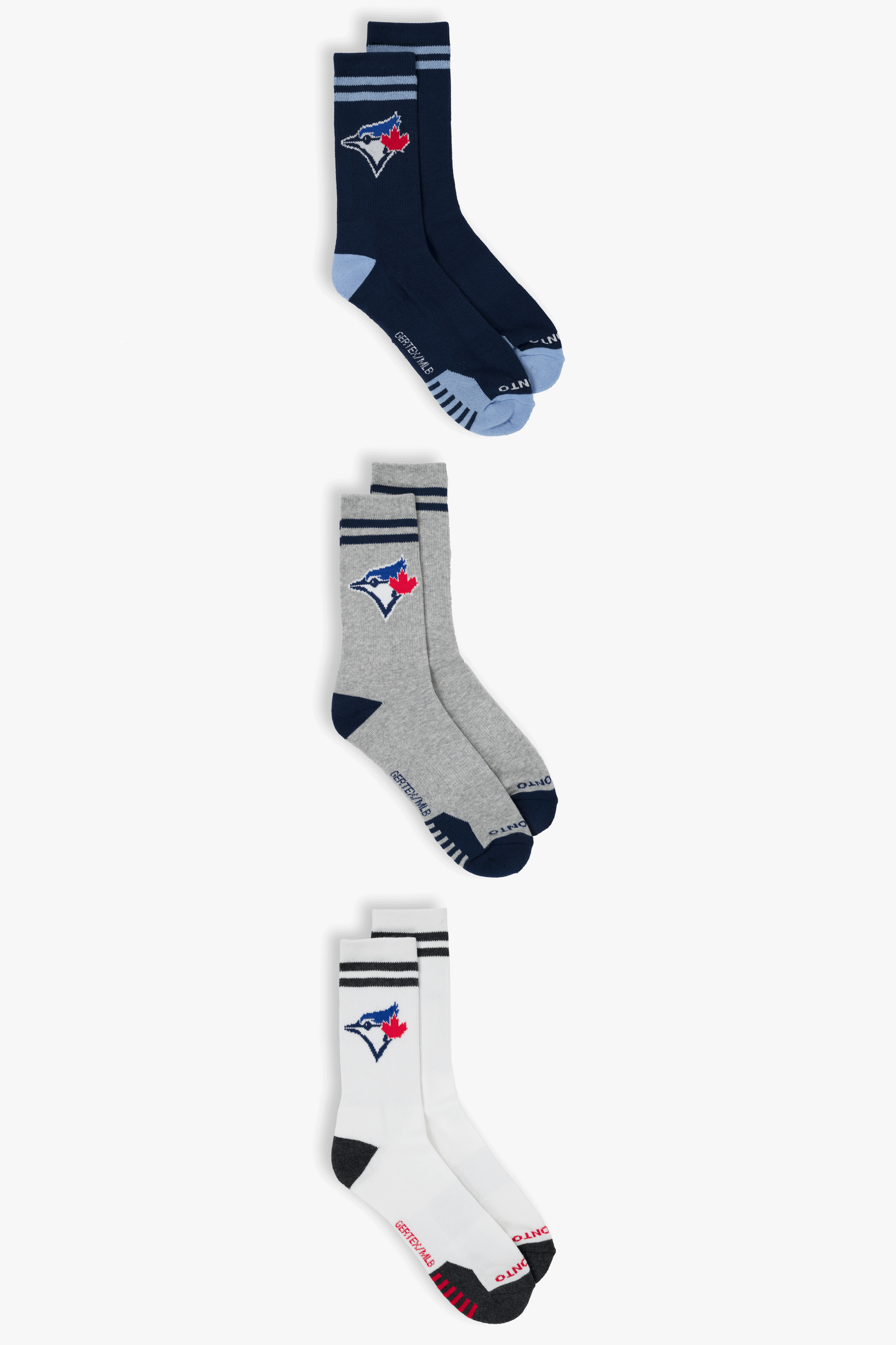 Toronto Blue Jays Adult Men's Crew Socks 3-Pack, Athletic MLB Socks with Knit-In Logos, 6-12