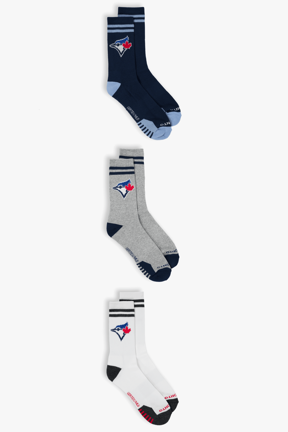 Toronto Blue Jays Adult Men's Crew Socks 3-Pack, Athletic MLB Socks with Knit-In Logos, 6-12