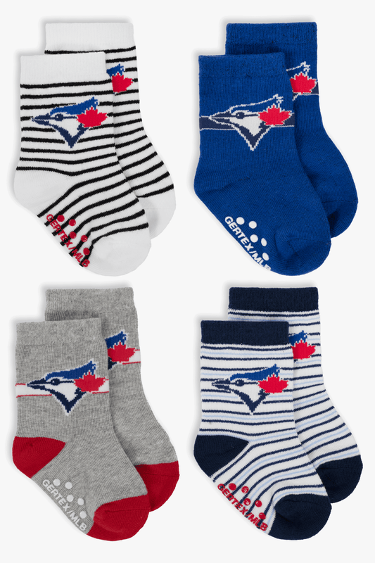 Toronto Blue Jays Infant/Toddler 4-Pack Crew Socks, MLB Baseball Socks, 0-12 to 3-5, Holiday Baby Fan Gift