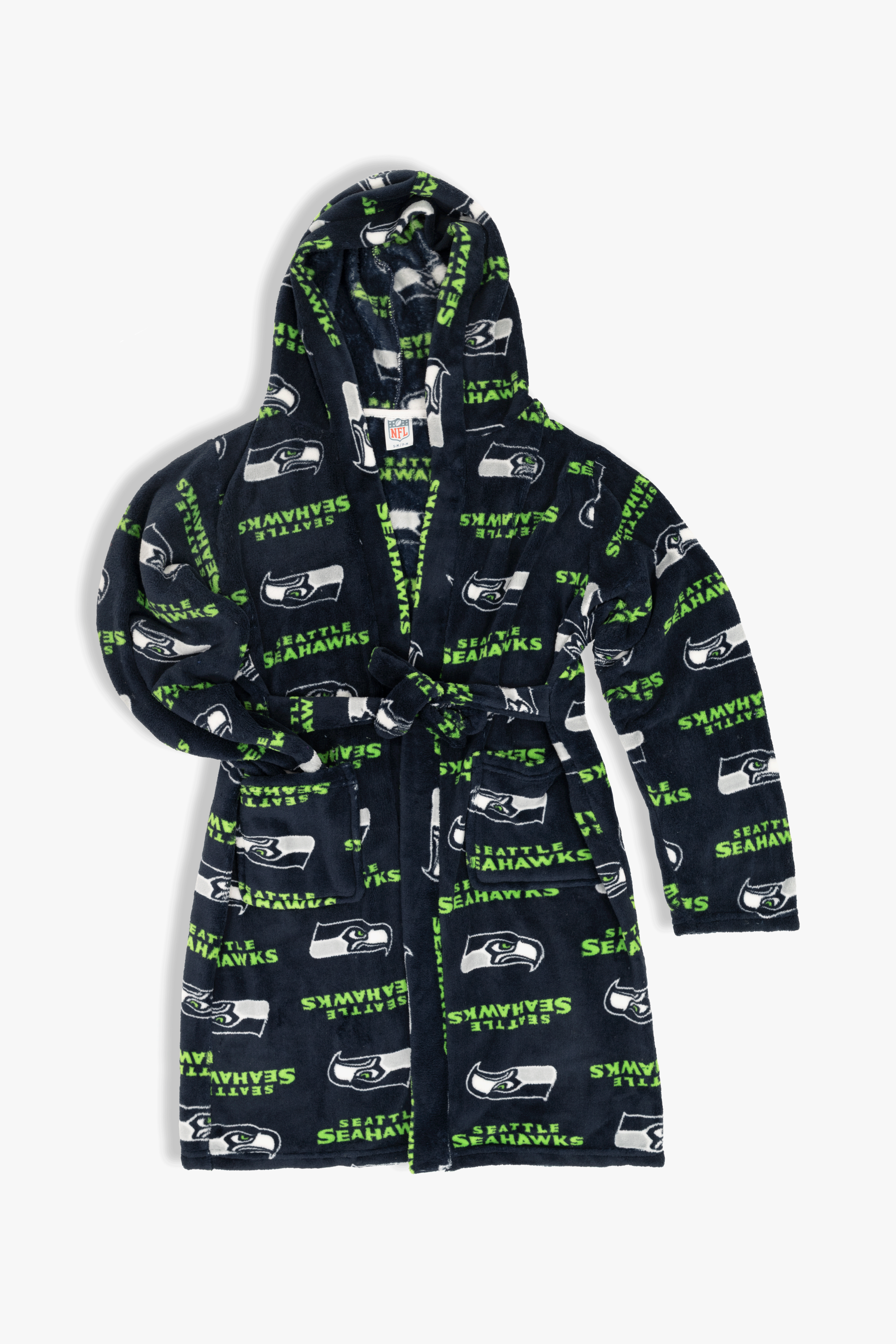 Seattle Seahawks Youth Fleece Robe, Hooded NFL Kids Bathrobe with Tie Belt and Pockets, Children's Sizes