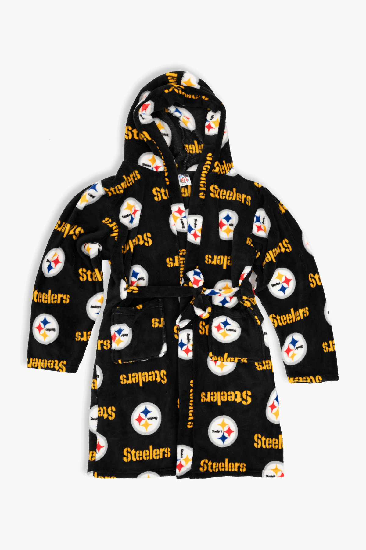Pittsburgh Steelers Youth Fleece Robe, Hooded NFL Kids Bathrobe with Tie Belt and Pockets, Children's Sizes