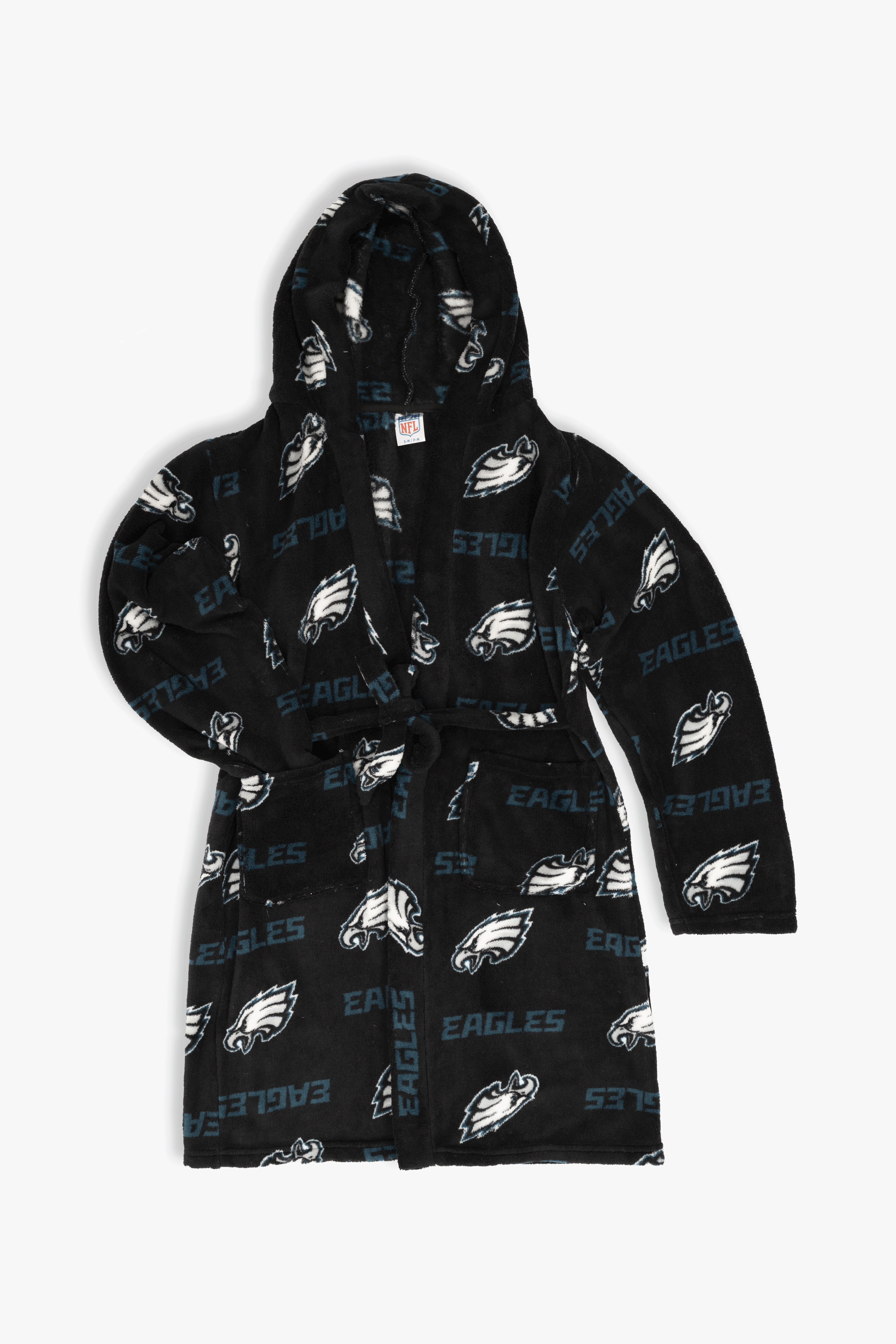 Philadelphia Eagles Youth Fleece Robe, Hooded NFL Kids Bathrobe with Tie Belt and Pockets, Children's Sizes