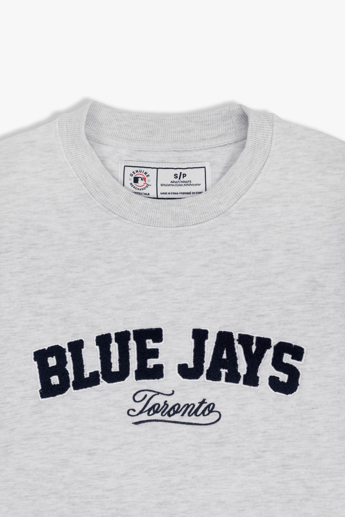 Toronto Blue Jays Crewneck Sweatshirt with Chenille Lettering, Varsity MLB Sweater in French Terry, Grey, S-XXL