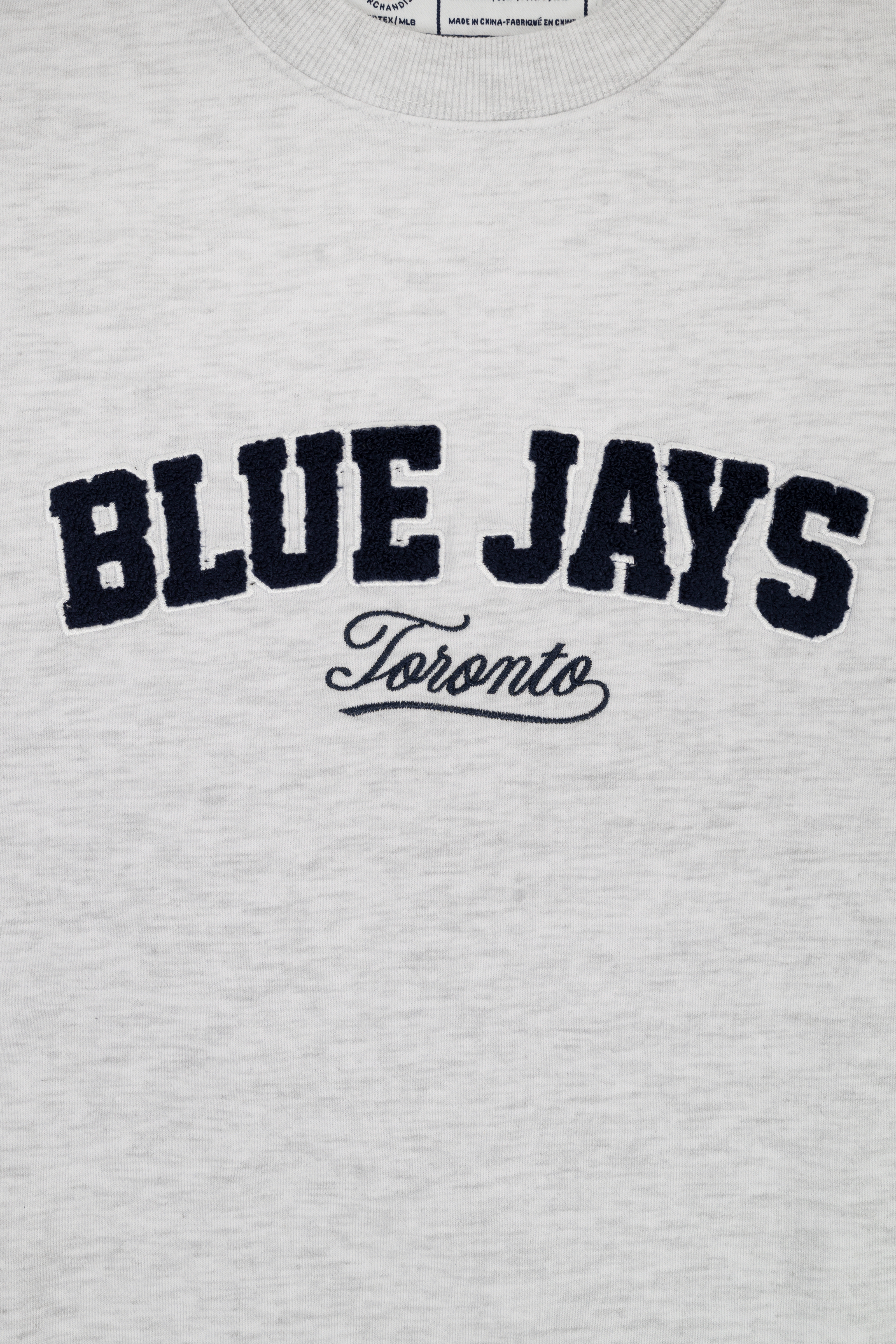 Toronto Blue Jays Crewneck Sweatshirt with Chenille Lettering, Varsity MLB Sweater in French Terry, Grey, S-XXL