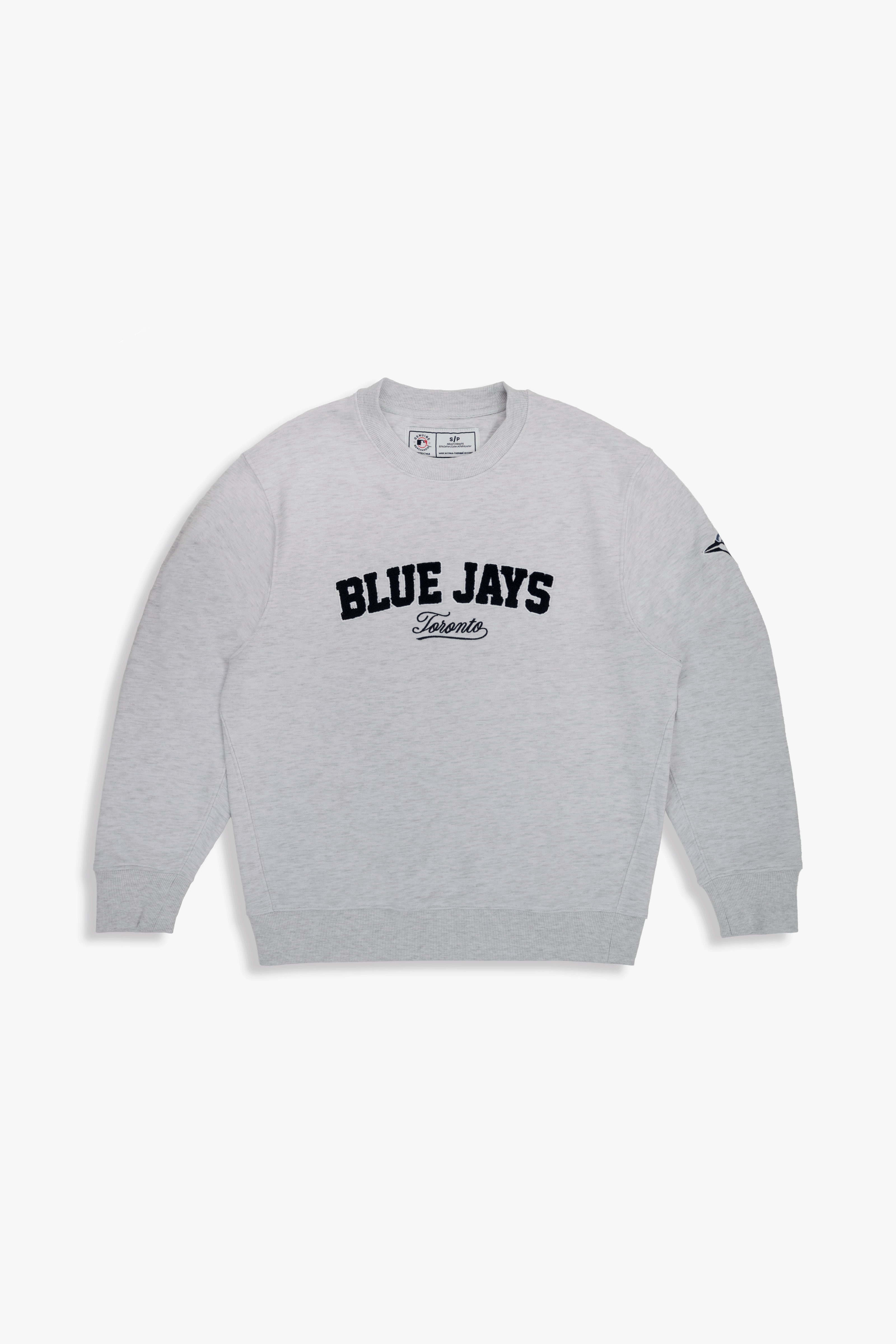 Toronto Blue Jays Crewneck Sweatshirt with Chenille Lettering, Varsity MLB Sweater in French Terry, Grey, S-XXL