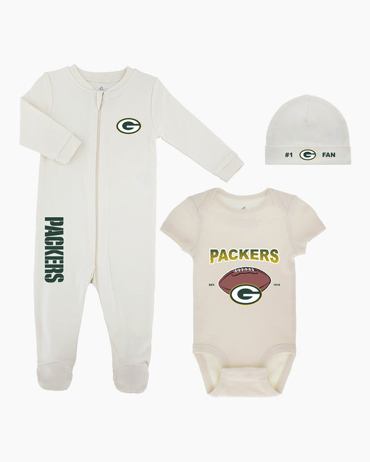 NFL Baby 3 Piece Organic Eggnog Layette Set - Green Bay Packers