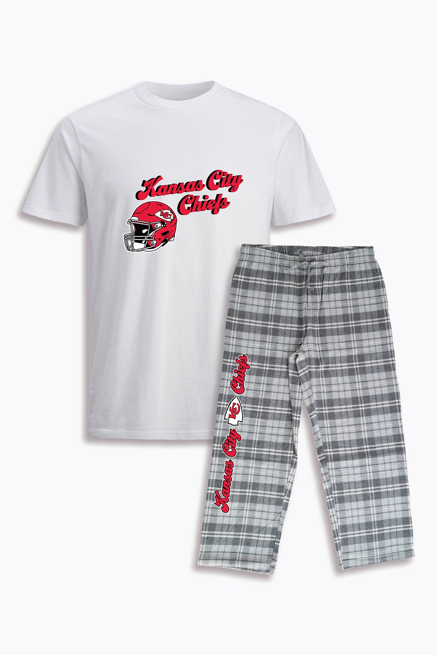 NFL Unisex Adult Pajama Set with Soft White Cotton T-Shirt & Light Grey Brushed Flannel Pants