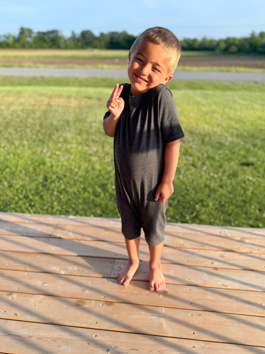 Kids Charcoal Grey Lightweight Organic Cotton Adaptive, Anti-Strip, Back-Zip Romper