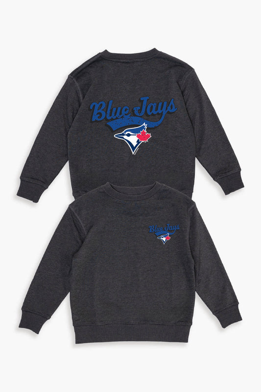 MLB Toronto Blue Jays Youth Crewneck Sweatshirt in Dark Grey (Kids) with Distressed Varsity Back Print & Front Crest